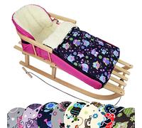 Bambini - Traineau en bois universel mixte avec dossier et corde + chancelière d'hiver (108 cm), également adapté pour lit de bébé, landau, poussette, faite en laine dans le design OWL, Eule $7