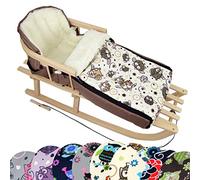 Bambini - Traineau en bois universel mixte avec dossier et corde + chancelière d'hiver (108 cm), également adapté pour lit de bébé, landau, poussette, faite en laine dans le design OWL, Eule $5