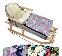 Bambini - Traineau en bois universel mixte avec dossier et corde + chancelière d'hiver (108 cm), également adapté pour lit de bébé, landau, poussette, faite en laine dans le design OWL, Eule $2