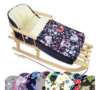 Bambini - Traineau en bois universel mixte avec dossier et corde + chancelière d'hiver (108 cm), également adapté pour lit de bébé, landau, poussette, faite en laine dans le design OWL, Eule $9