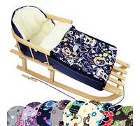 Bambini - Traineau en bois universel mixte avec dossier et corde + chancelière d'hiver (108 cm), également adapté pour lit de bébé, landau, poussette, faite en laine dans le design OWL, Eule $8