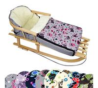 Bambini - Traineau en bois universel mixte avec dossier et corde + chancelière d'hiver (108 cm), également adapté pour lit de bébé, landau, poussette, faite en laine dans le design OWL, Eule $ 12