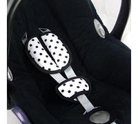 BAMBINIWELT Lot de coussinets de ceinture universels pour siège auto pour siège bébé, par exemple avec points Maxi Cosi Cybex (blanc à pois noir)