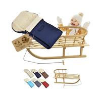 BambiniWelt Luge en bois avec dossier, corde de traction, chancelière d'hiver 90 cm, laine d'agneau chaude, imperméable, ensemble combiné pour poussette et buggy (marine)