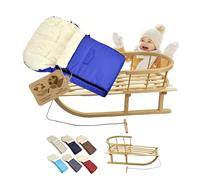 BambiniWelt Luge en bois avec dossier et corde de traction, chancelière d'hiver 90 cm, laine d'agneau chaude, imperméable, ensemble combiné pour poussette et buggy, bleu