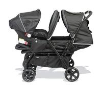 Bambisol Poussette Double Jumeaux avec Siège Auto Gr0+ - Noir Chiné | Pour 2 bébés dès la naissance, siège auto Gr0+ à l'avant, siège arrière allongeable, habillage pluie inclus