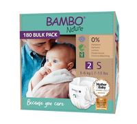 Bambo Nature Couches éco-conçues, T2, 3-6 kg, Carton de 180 unités (6 sachets de 30 unités), emballage papier Kraft