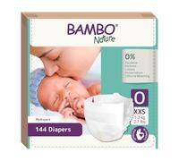 Bambo Nature Lot de 144 couches écologiques de qualité supérieure, taille 0 prématurée (1-3 kg) XXS, couches écologiques durables, protection améliorée contre les fuites, couches sûres et confortables