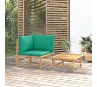 Bamboo Garden Furniture Set 2 Pieces with Green Cushions - Outdoor Patio Sofa Corner Set with Coffee Table Durable Natural Material for Terrace, Balcony - Comfortable Modular Design Easy to Move