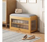 Bamboo Shoe Rack Organizer with Flip Doors and PU Leather Seat Cushion 2 Tier Upholstered Shoe Storage Bench for Entryway Front Door Hallway Shoe Bench (68x31x45cm Wood)