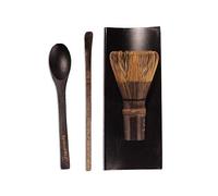 BambooMN Brand - 1 Set - Black Chasen (Tea Whisk) + BLack Tray + Black Chashaku (Hooked Bamboo Scoop) for preparing Matcha + Black Tea Spoon by BambooMN