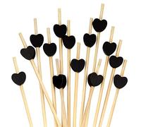 BambooMN Lot de 100 brochettes décoratives en bambou en forme de cœur noir de 11,9 cm pour les événements traiteurs, les vacances, les restaurants ou les buffets