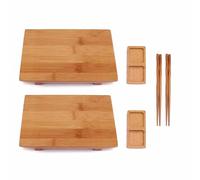 BambooMN Lot de 2 assiettes à sushis rectangulaires en bambou, baguettes et compartiments, 29,2 cm