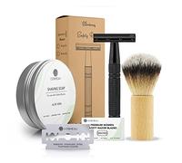 Bamboozy Rasoir de Sureté Kit de Démarrage - Set de Rasage avec 20 Lames, Savon de Rasage et Blaireau de Rasage - Aluminium - Sans Plastique & Zéro Déchet - Rasoir à Double Tranchant (Noir)
