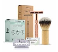 Bamboozy Rasoir de Sureté Kit de Démarrage - Set de Rasage avec 20 Lames, Savon de Rasage et Blaireau de Rasage - Aluminium - Sans Plastique & Zéro Déchet - Rasoir à Double Tranchant (Or Rose)