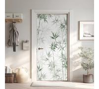 Bambou Effet 3D Sticker Porte, Vert Aquarelle Papier Autocollant Porte Mural Décoration, Feuilles Stickers Muraux Amovible PVC 77x200 cm