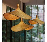 Bambou Tissage Pendentif Lumière Abat-Jour En Osier Rotin Tissé À La Main Lampe Suspendue Bambou Style Naturel Lustre Créatif En Forme Chapeau E27 Lampe Pour Chambre Salle À Manger Salon Cuisine,40cm