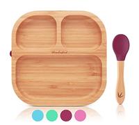 bambuskind Assiette enfant avec ventouse cerise I Livre de recettes (français non garanti) I Assiette bébé antidérapante en bambou avec cuillère I Set de vaisselle pour apprendre à manger I Sans