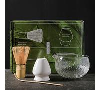 BAMFY Matcha Kit Verre Fouet Matcha Bambou, Porte-Fouet à Matcha, Bol En Verre, Cuillère à Thé, Kit Matcha Japonais Service à Thé for Kit Thé Matcha (Color : Bright white 4-piece set+color box)