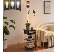 BAMGROW Lampadaire avec table d'appoint, table d'appoint avec lampe attachée, table de chevet pour petits espaces avec tiroir en osier et étagère de rangement pour salon, chambre à coucher