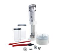 bamix Mixeur plongeant M350 MAXX avec support, 2 gobelets, 4 embouts, processeur, spatule, brosse de nettoyage, 300 W, fabriqué en Suisse, blanc/gris clair