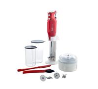 bamix Set mixeur plongeant M350 MAXX avec support, 2 récipients, 4 accessoires, Processeur, Spatule, Brosse de nettoyage, 300 W, Fabriqué en Suisse, Rouge/chrome