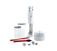 bamix Set mixeur plongeant M350 MAXX avec support, 2 récipients, 4 accessoires, Processeur, Spatule, Brosse de nettoyage, 300 W, Fabriqué en Suisse, Blanc/chrome