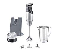 bamix SWISSLINE M200 Mixeur plongeant avec couteau multifonction, fouet, disque de percussion, processeur, gobelet, support, 200 W, 2 niveaux, acier inoxydable, fabriqué en Suisse - Argenté