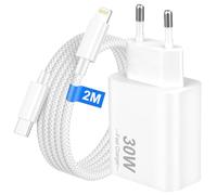 Bamkey 30W Chargeur Rapide iPhone avec Câble 2M Nylon Tressé pour iPhone 14 13 12 11 Pro Max SE, Adaptateur Secteur USB C avec Câble USB C vers Lightning 2 Mètre pour iPad 9/8/7, PD 3.0, Blanc