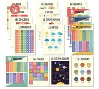 BAMMI 16 Affiches Éducatives 30x42cm - Posters Pédagogiques Enfants - Alphabet Nombres Emotions Système solaire Corps Humain Heure Multiplications Additions Couleurs Jours Mois Saison