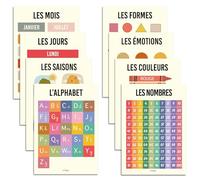 BAMMI 8 Affiches Éducatives 30x42cm - Posters Pédagogiques Enfants : Alphabet, Nombres, Couleurs, Formes, Jours, Mois, Émotions, Saisons