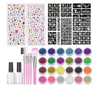 BAMTTOO Temporary Glitter Tattoos Kit for Kids Adults 24 Body Glitter, 2 Glue, 5 Brushes, 166 Stencils, 4 Diamond Stickers Halloween Christmas Makeup Kit Birthday Party Festival Supplies