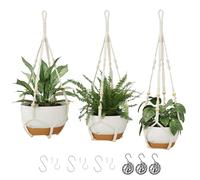 Bamworld Lot de 3 Suspensions pour Plantes en Macramé avec Arrosage Automatique, Support pour Plantes d’Intérieur et Balcon 28/23/20 cm avec Chaines et Dessous de Pots, Blanc