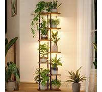 Bamworld Support Plantes Interieur avec Lampe, Étagère Plante d'Angle 7 Niveaux Bois et Métal, Support Plante avec Éclairage pour Salon Balcon Chambre, Décoratif