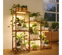 Bamworld Support Plantes Interieur avec Lampe LED, Porte Plante Interieur 6 Niveaux en Bois, Support Plante Moderne pour Salon et Balcon, Étagère de Culture