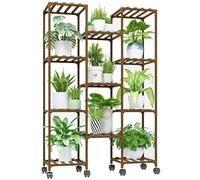 Bamworld Support Plantes Intérieur avec Roulettes, Porte Plante Intérieur et Extérieur, Étagère Plante en Bois pour 11 Pots, Grand Porte Plante Extérieur pour Salon