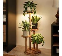 Bamworld Support pour plantes d'intérieur avec lampes de croissance - Étagère à 4 niveaux en bois pour plusieurs plantes - Support d'angle pour plantes d'extérieur - Support de fleurs rond pour salon