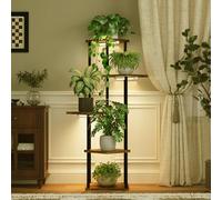 Bamworld - Support pour plantes d'intérieur de grande taille avec lampe de croissance - Support d'angle pour plantes d'intérieur avec 5 niveaux en métal et bois avec lampes de croissance pour salon