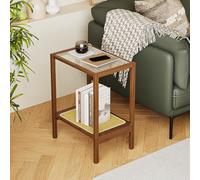 Bamworld Table d'appoint en rotin pour petits espaces, chambre à coucher, salon, table de chevet basse en bambou et verre rotin, 2 niveaux avec rangement, style bohème