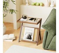 Bamworld Table d'appoint et de chevet en rotin bohème moderne, petite table basse en bambou avec rangement pour lecteur de disques