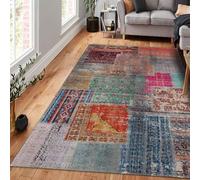 bamyum Denise Tapis Imprimé Chenille Fabriqué à la Machine 80 x 300 cm, Tapis Lavable Salon, Patchwork Tapis Vintage Chambre, Antibactérien Antidérapant Tapis de Cuisine