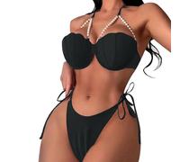 BañAdor Talla Grande Bikinis Mujer 2026 Push up Swimsuit Women's Split Bag Pearl Tie Three Point Solid Color Sexy Bikini Traje De BañO Mujer 2 Piezas Bikini Deportivo (Black, L)