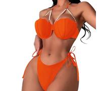 BañAdor Talla Grande Bikinis Mujer 2026 Push up Swimsuit Women's Split Bag Pearl Tie Three Point Solid Color Sexy Bikini Traje De BañO Mujer 2 Piezas Bikini Deportivo (Orange, S)
