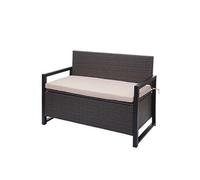 Banc 2 places en poly rotin HWC-F39, banc coffre, gris, coussins beige