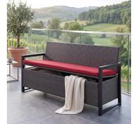 Banc 3 Places En Polyrotin Hwc-F39, Banc De Jardin Avec Coffre De Rangement, Coussins D'assise Gris, Coussins Bordeaux
