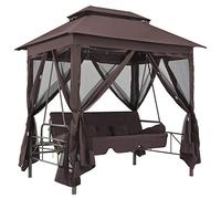 Banc à bascule avec cadre en acier revêtu par pulvérisation et baldaquin, robuste et durable, convertible en lit, refuge privé, moustiquaire, coussin inclus, (café)