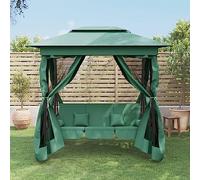 Banc à bascule avec cadre en acier revêtu par pulvérisation et baldaquin, robuste et durable, convertible en lit, refuge privé, moustiquaire, coussin inclus, vert