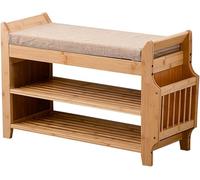 Banc à chaussures 3 niveaux B avec tiroir caché et coussin en lin multifonction pour entrée et rangement latéral pour salon, couloir (couleur bûche, 78 x 29 x 49 cm)