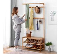 Banc à chaussures 4 en 1 en bambou avec 9 crochets et étagère de rangement à 2 niveaux pour entrée, support exquis pour chaussures et manteaux