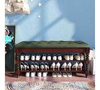 Banc à chaussures à 2 niveaux avec dessus rabattable et assise rembourrée - Tabouret de rangement d'entrée en bois massif vert 100 cm - Chaussures élégantes pour couloir et entrée